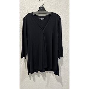 Chico’s Black V-Neck Button Front Knit Top 3/4 Sleeve Size 2 Large